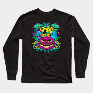 Psychedelic Halloween with Bat, Full Moon and Pumpkin Long Sleeve T-Shirt